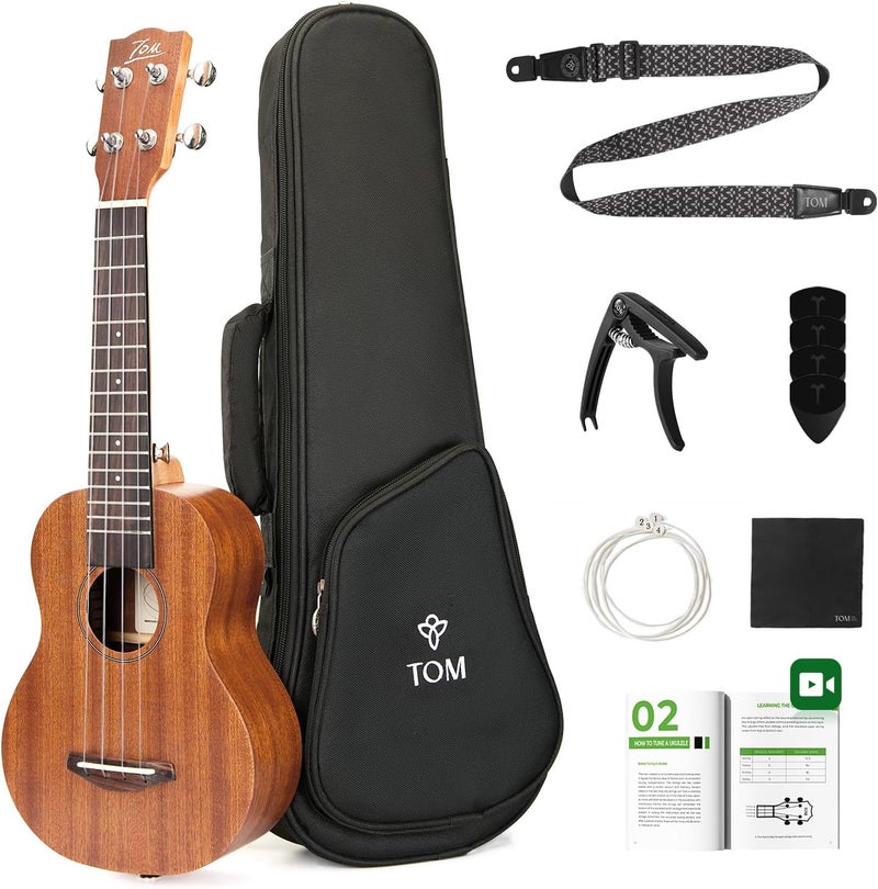 TOM 21" Sapele Soprano Ukulele – Affordable Option Includes Solid Quick-Lock Strap On Beginner Kit, Ukelele for Kid, Adult & Professional with D’Addario Strings (AM1-Soprano) - Image 1
